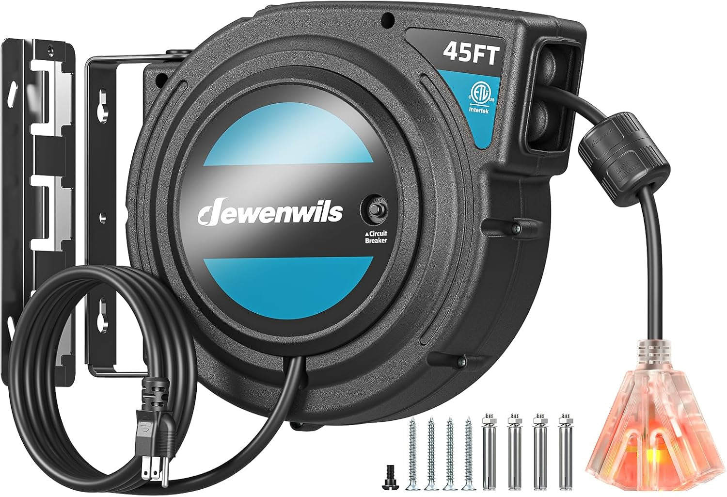 Retractable Extension Cord Reel, 40 FT Heavy Duty Power Cord, 12AWG/3C SJTOW, 3 Grounded Outlets Lighted Triple Tap, 15 Amp Circuit Breaker, UL Listed