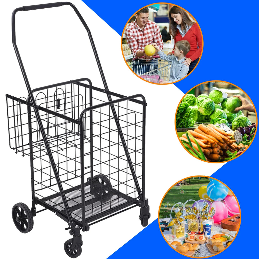 Foldable Shopping Cart, Folding Grocery Cart with Encrypted Mesh Bottom, 360° Swivel Wheels Lightweight Trolley for Halloween, Shopping, Grocery, Laundry, Luggage, Supermarket, Camping, Beach