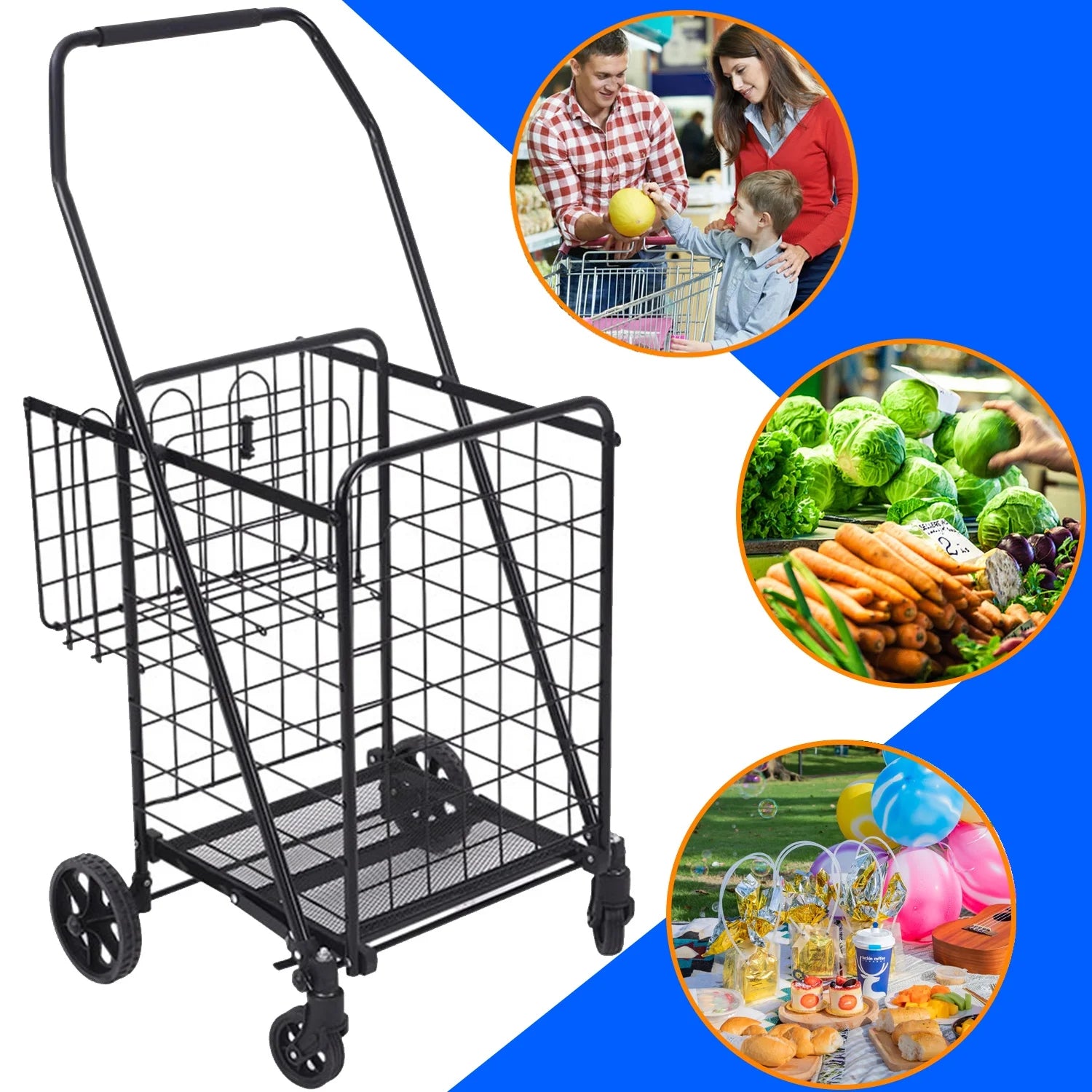 Foldable Shopping Cart, Folding Grocery Cart with Encrypted Mesh Bottom, 360° Swivel Wheels Lightweight Trolley for Halloween, Shopping, Grocery, Laundry, Luggage, Supermarket, Camping, Beach