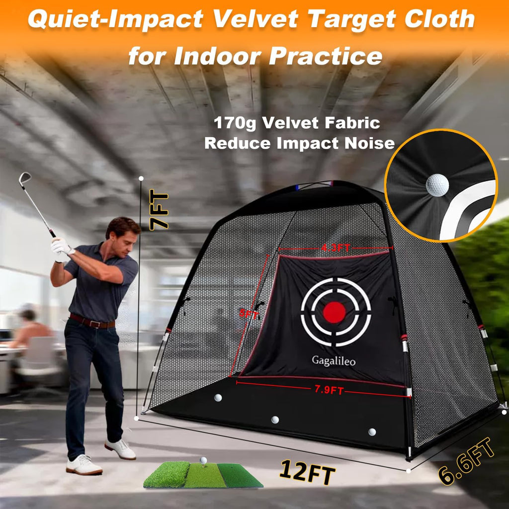 Golf Practice Net.  12 X 7 Ft Professional Backstop with Silent Velvet Target