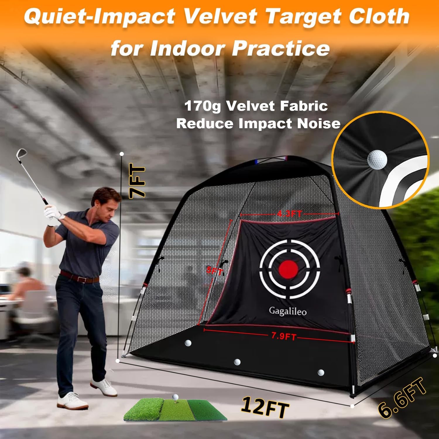 Golf Practice Net.  12 X 7 Ft Professional Backstop with Silent Velvet Target