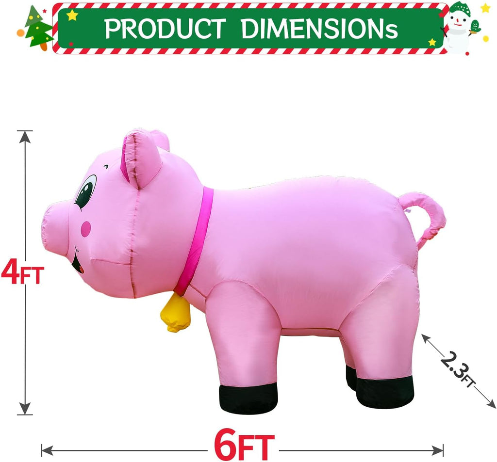6FT Inflatable Pig Christmas Decoration with Built-In LED Lights
