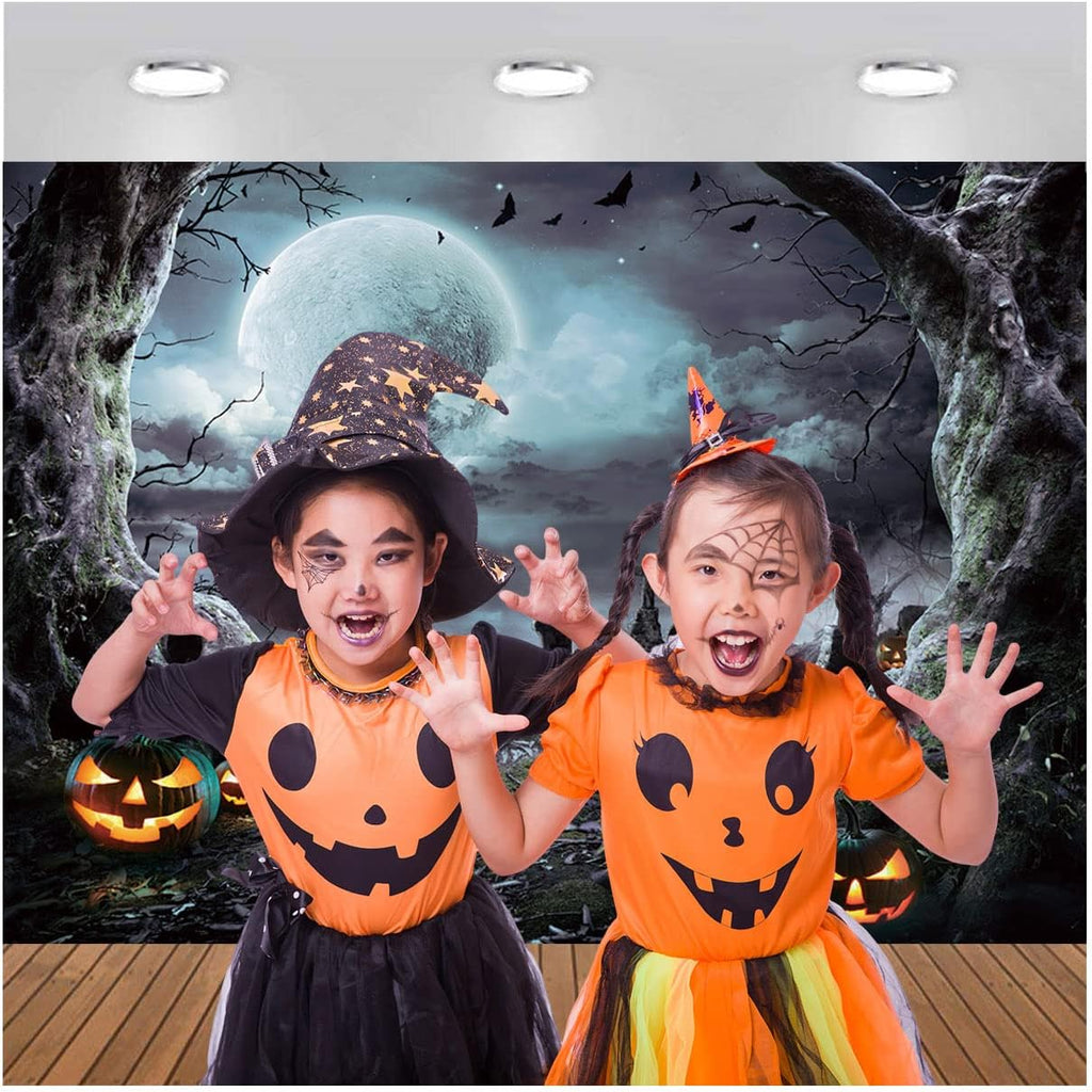 7X5Ft Halloween Photography Backdrop Horrible Graveyard Pumpkin Lantern and Full Moon Night Backdrop for Halloween Party Decoration Halloween Photoshoot Studio Props