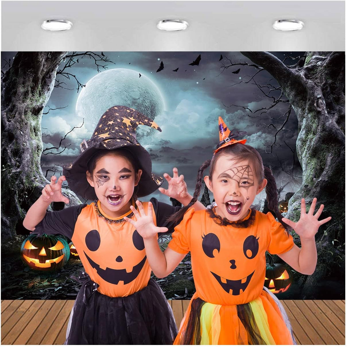 7X5Ft Halloween Photography Backdrop Horrible Graveyard Pumpkin Lantern and Full Moon Night Backdrop for Halloween Party Decoration Halloween Photoshoot Studio Props