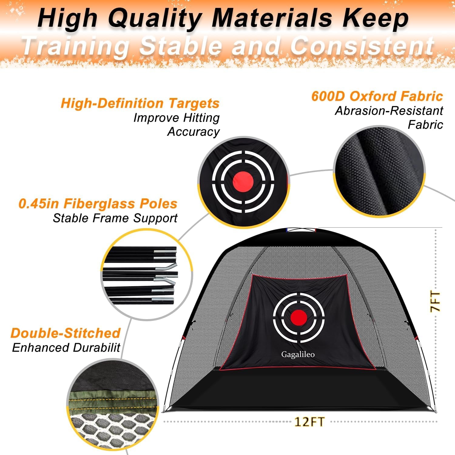 Golf Practice Net.  12 X 7 Ft Professional Backstop with Silent Velvet Target