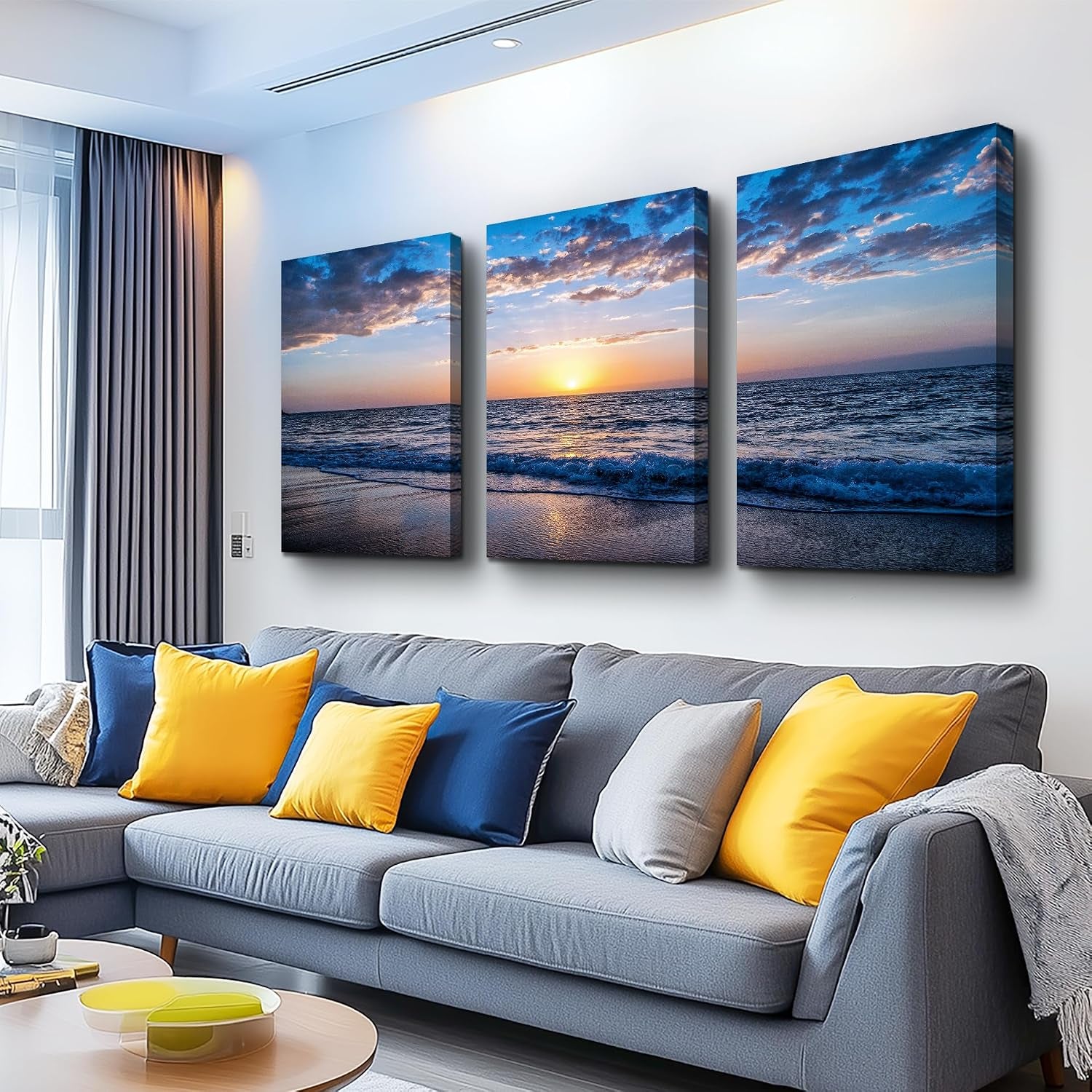 Set of 3 Wall Art Canvas Prints, Beach Sunrise Sunset Pictures Wall Decor Ocean Waves Nature Seascape Poster Coastal Landscape Painting for Living Room, Bedroom, Office Home Decor