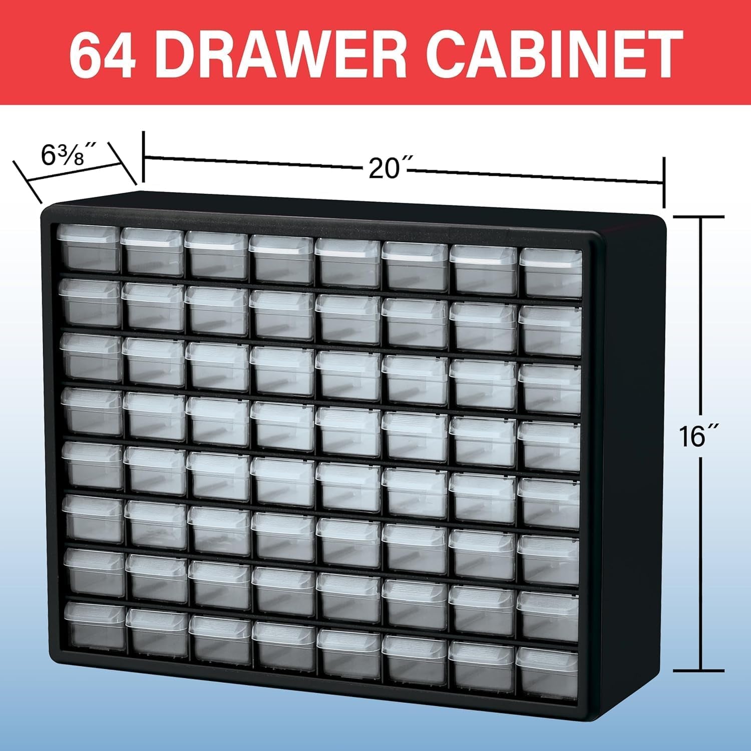 64-Drawer Plastic Storage Cabinet, 20"W X 6"D X 16"H, Black | Plastic Cabinet W/ Drawers for Garage Organization, Beads, Building Bricks Storage, Teacher Toolbox, Makeup Organizer, 10764
