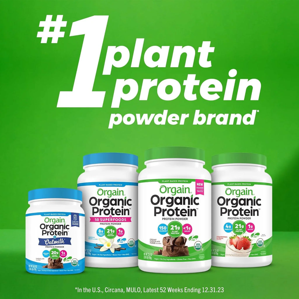Orgain Organic Vegan Protein Powder, Creamy Chocolate Fudge - 21G Plant Protein, 6G Prebiotic Fiber, Low Net Carb, No Lactose Ingredients, No Added Sugar, Non-Gmo, for Shakes & Smoothies, 2.03 Lb