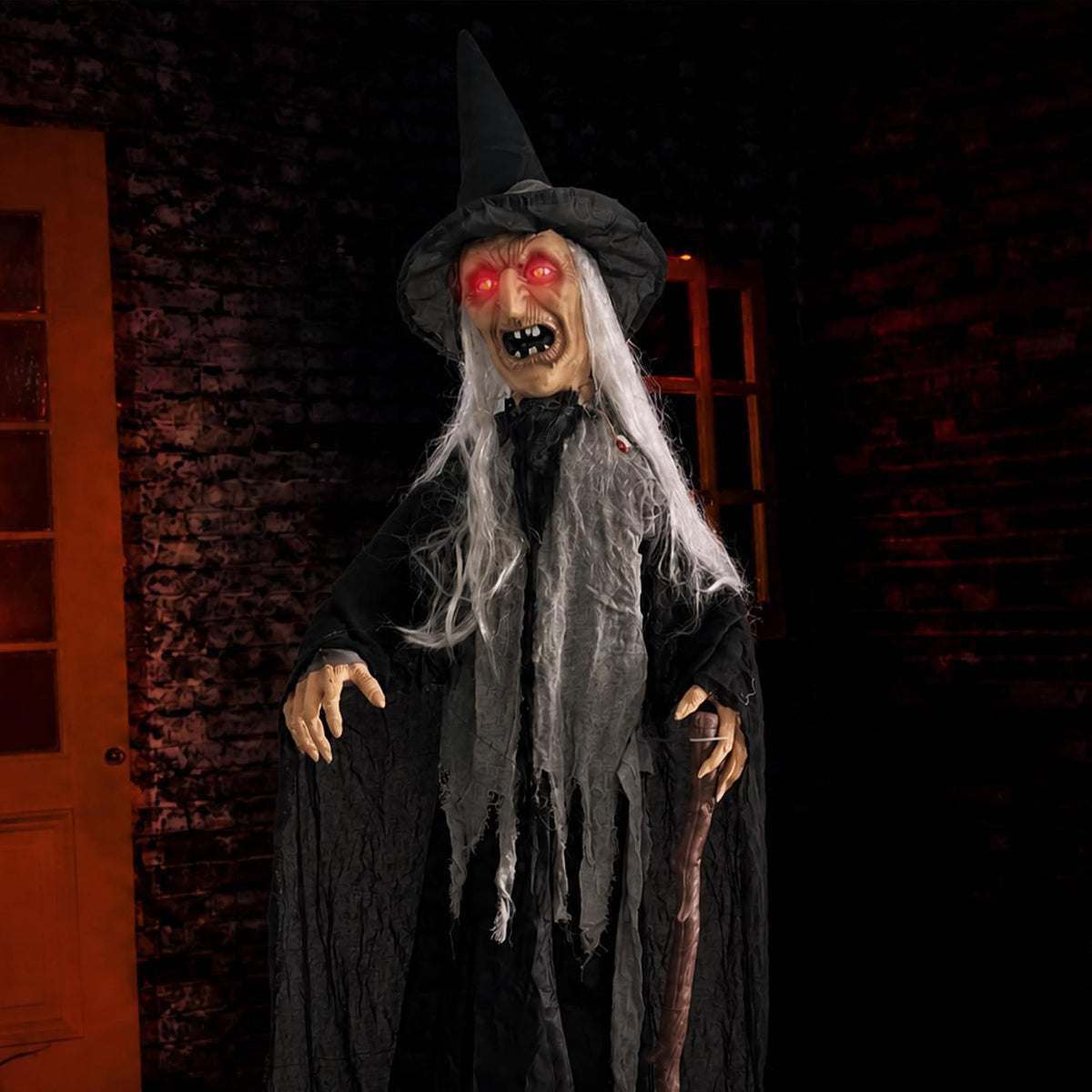Halloween Animatronics Decorations, 6Ft Witch Animated Talking Witch with Sound Activated, Creepy Voice, Spooky Decor, Light up Eyes, Haunted Scary Move Horror Prop for Indoor, Outdoor, Yard Lawn