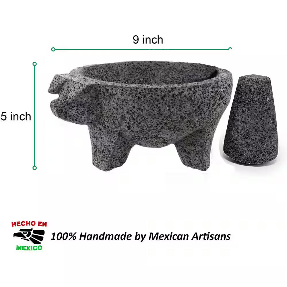 8.6 In. Hand-Made Lava Stone Mortar and Pestle, Spice Grinder, Pig Design
