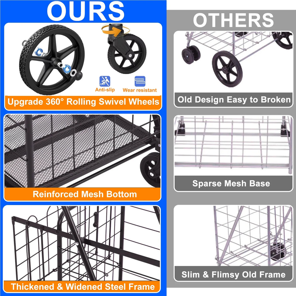 Foldable Shopping Cart, Folding Grocery Cart with Encrypted Mesh Bottom, 360° Swivel Wheels Lightweight Trolley for Halloween, Shopping, Grocery, Laundry, Luggage, Supermarket, Camping, Beach