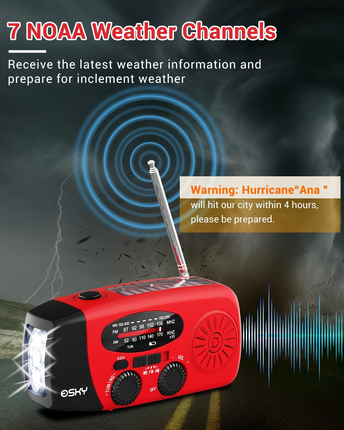 Emergency Hand Crank Radio 7400Mwh with 3 LED Flashlight, AM/FM/NOAA Portable Weather Radio with Rechargeable 2000Mah Battery, Solar Powered Radio for Indoor Outdoor Survival Camping, SOS Alarm