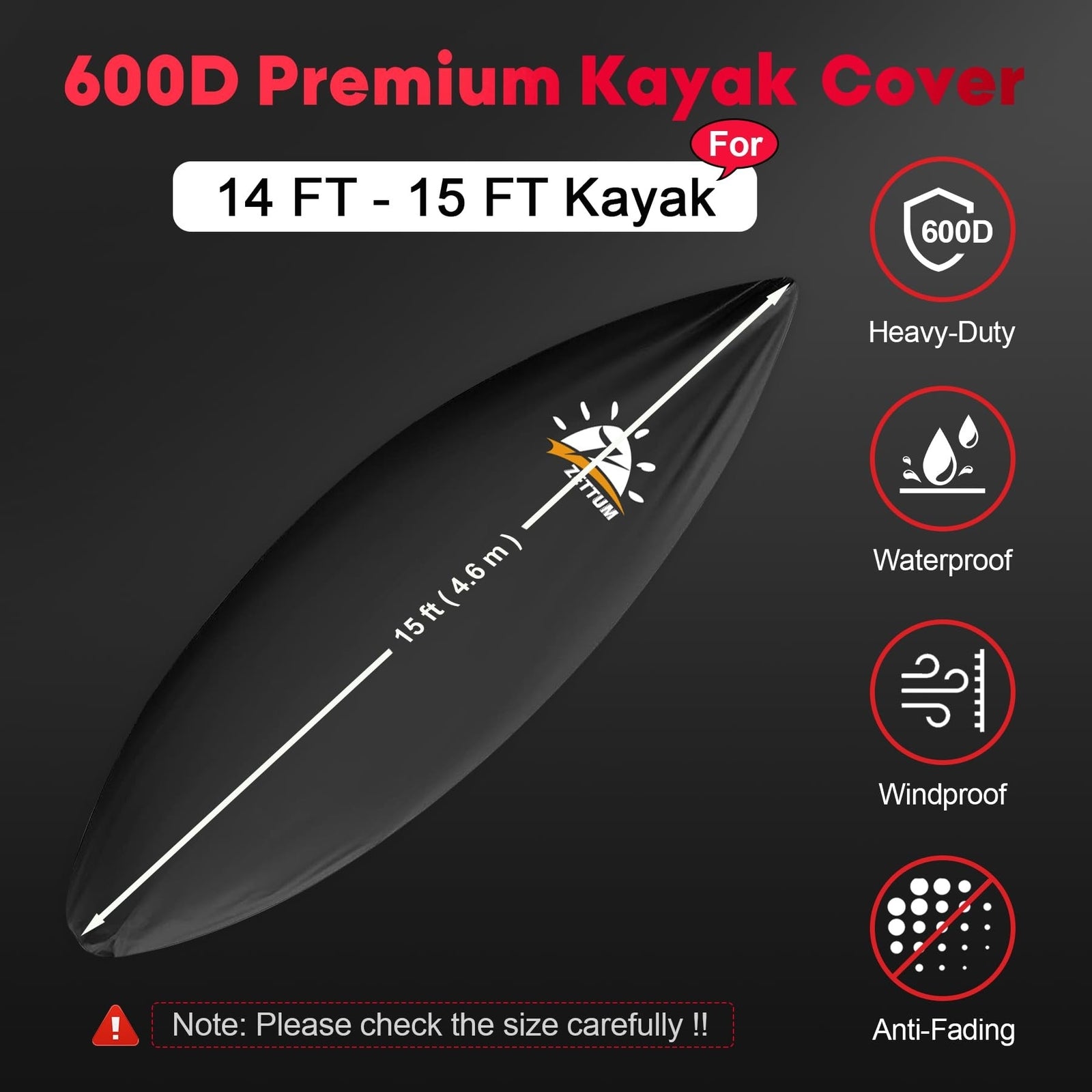 Kayak Cover 15 FT - 600D Kayak Canoe Cover for Outdoor Storage Heavy Duty & W...
