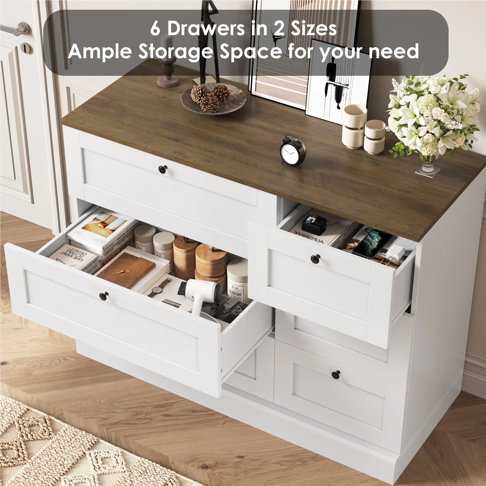6 Drawer White Dresser for Bedroom, Modern Wood Storage Cabinet Chest of Drawer for Living Room Entryway