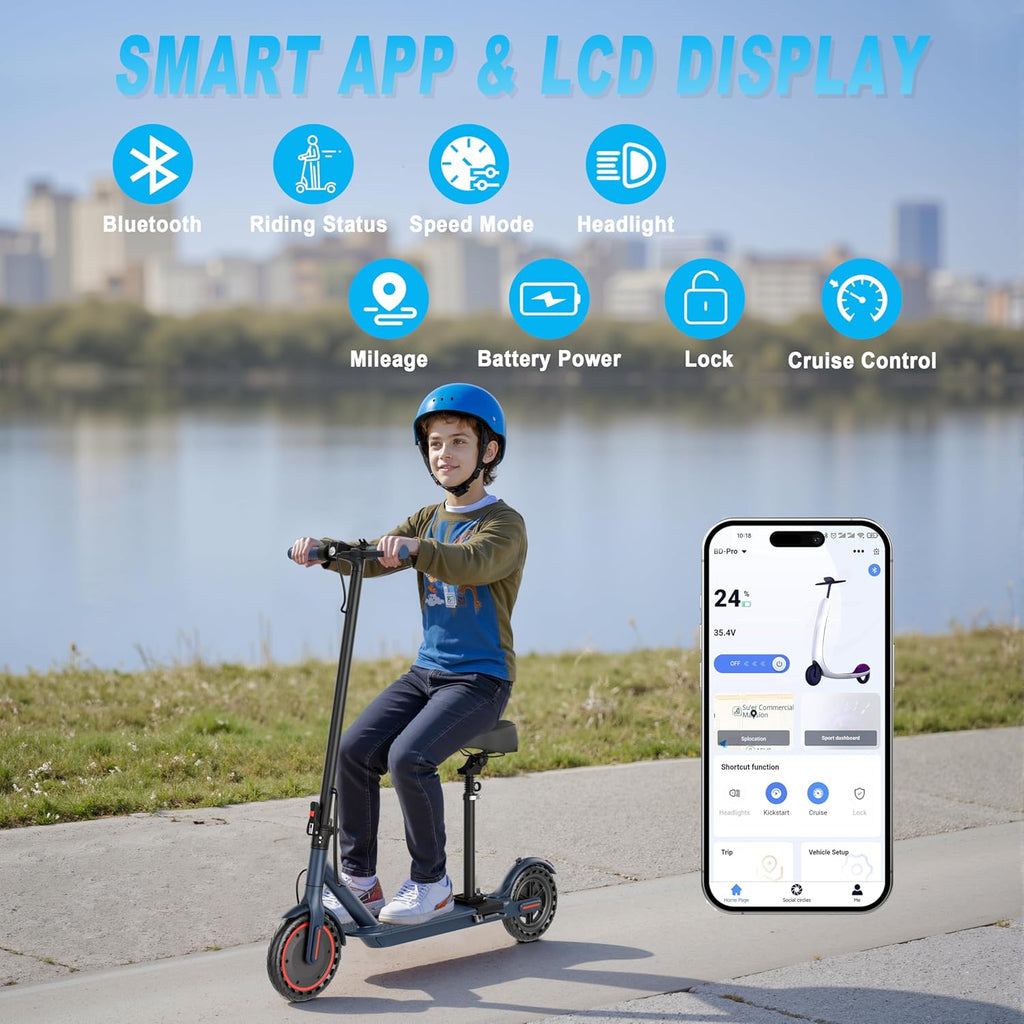 Electric Scooter with Seat, 350W Folding Scooter for Adults & Teens | Seated Folding Electric Scooter with 350W Motor, Battery Option, 8.5" Solid Tires, Dual Brake for Teens, Student and Commuter