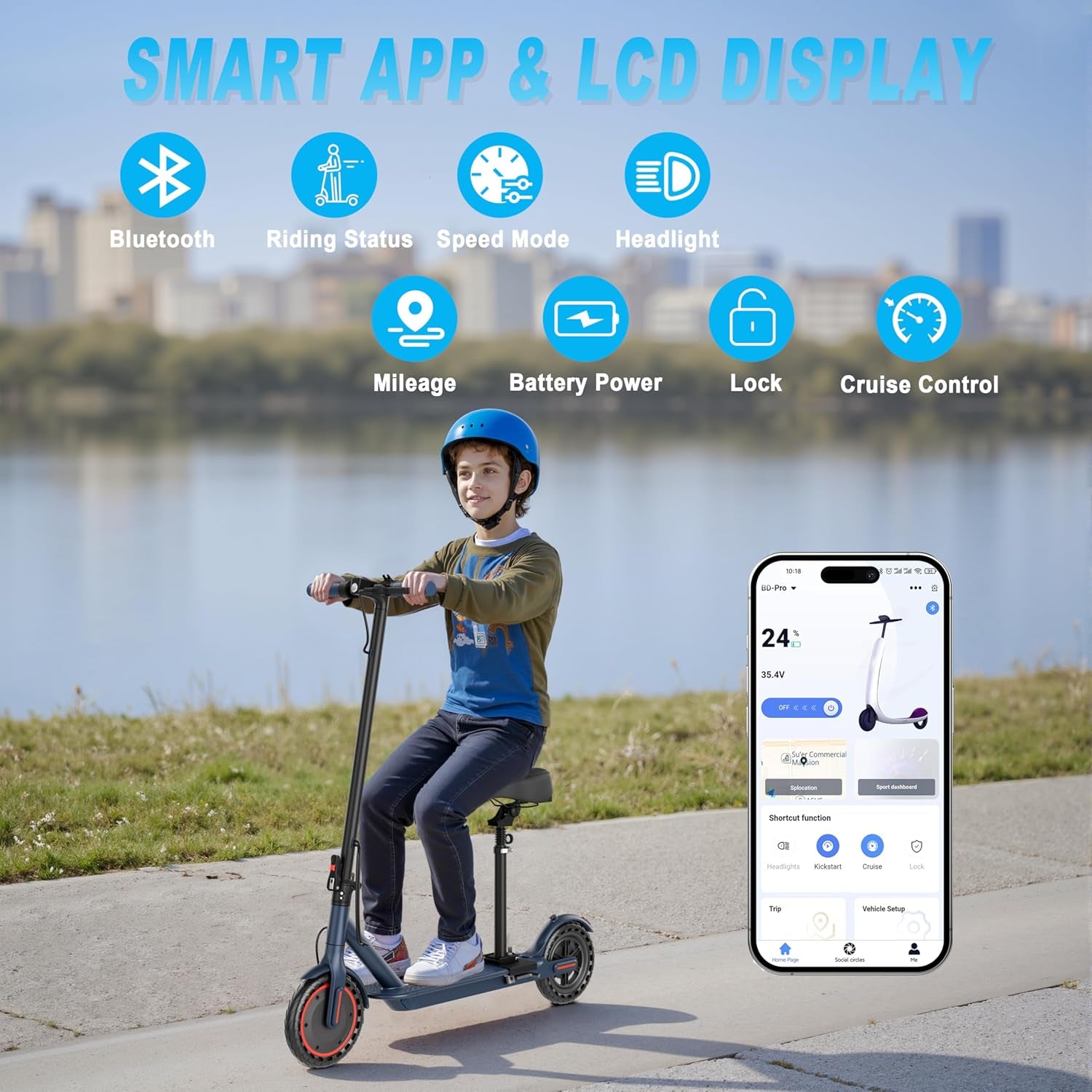 Electric Scooter with Seat, 350W Folding Scooter for Adults & Teens | Seated Folding Electric Scooter with 350W Motor, Battery Option, 8.5" Solid Tires, Dual Brake for Teens, Student and Commuter