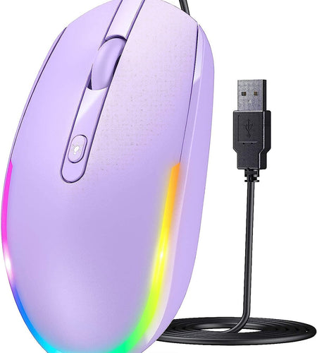 Wired Mouse - USB Computer Mouse Wired with RGB Backlit Optical LED Mouse with Attached USB Cord for Laptops Notebooks Chromebook - Purple