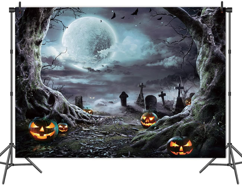 7X5Ft Halloween Photography Backdrop Horrible Graveyard Pumpkin Lantern and Full Moon Night Backdrop for Halloween Party Decoration Halloween Photoshoot Studio Props