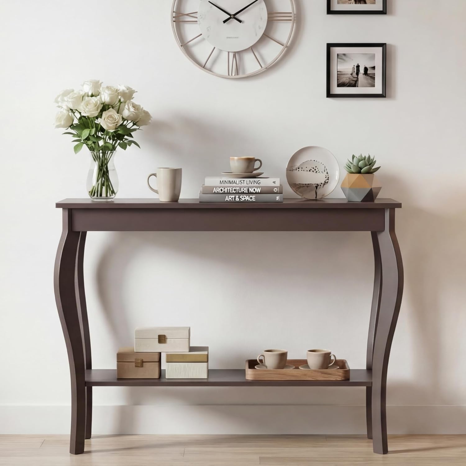 Narrow Console Table, Chic Accent Sofa Table, Entryway Table, 39.3 Inch, Black | Console Table with Curved Legs, Chic Accent Sofa Table with Shelves for Entryway, Living Room, Hallway