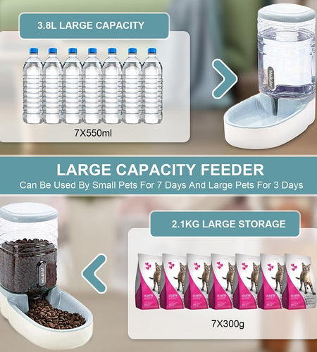 Automatic Dog Cat Feeder and Water Dispenser Set,Waterer and Gravity Food Feeder for Small & Medium Dogs Cats Puppies,Large Capacity 1 Gallon X 2 (Grey)
