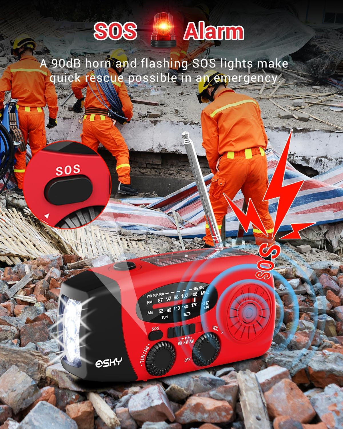 Emergency Hand Crank Radio 7400Mwh with 3 LED Flashlight, AM/FM/NOAA Portable Weather Radio with Rechargeable 2000Mah Battery, Solar Powered Radio for Indoor Outdoor Survival Camping, SOS Alarm