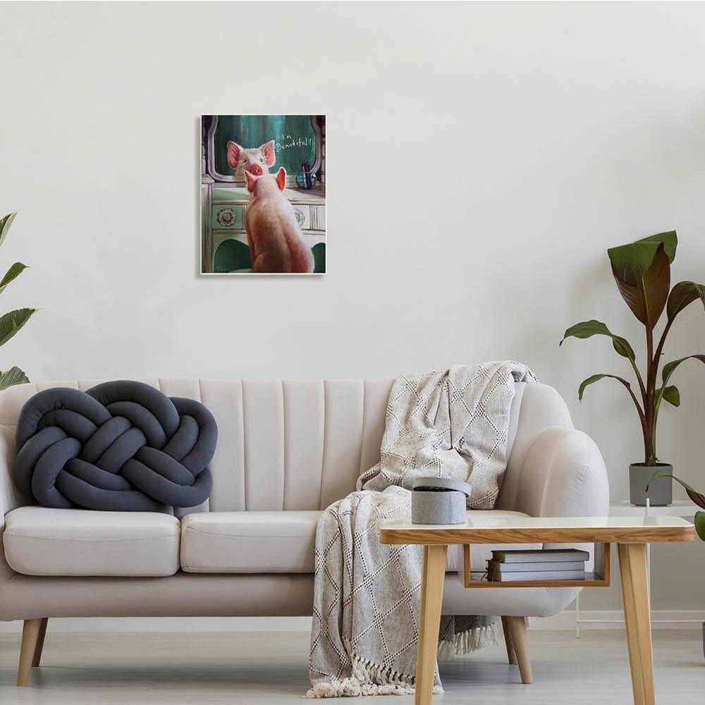 12.5 In. X 18.5 In. "I'M Beautiful Painted Pig in Mirror Illustration" by Artist Lucia Heffernan Wood Wall Art