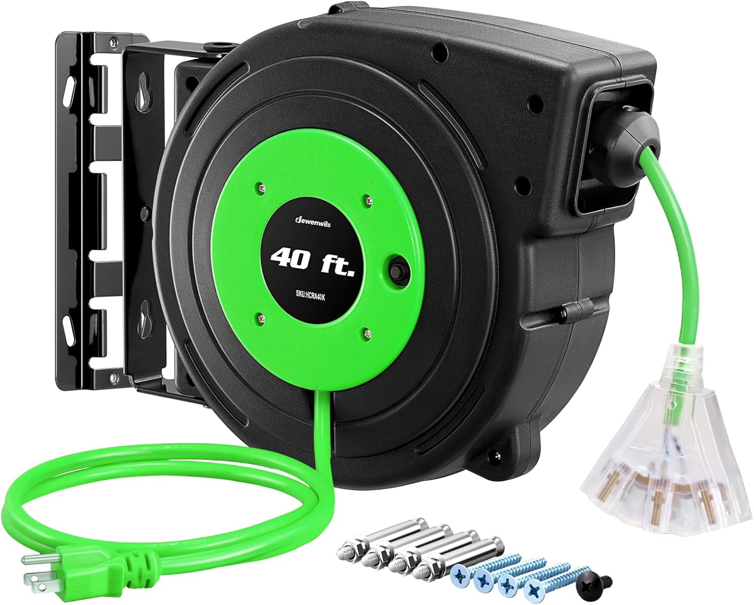 Retractable Extension Cord Reel, 40 FT Heavy Duty Power Cord, 12AWG/3C SJTOW, 3 Grounded Outlets Lighted Triple Tap, 15 Amp Circuit Breaker, UL Listed