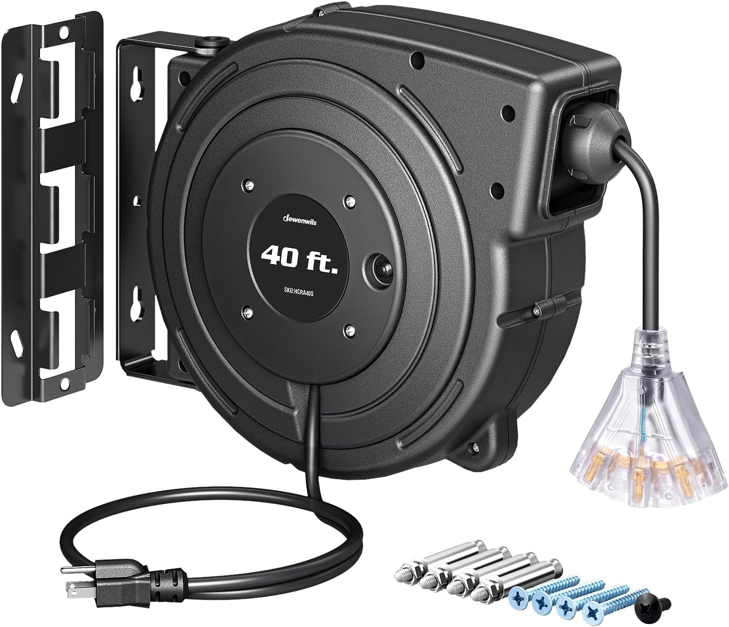 Retractable Extension Cord Reel, 40 FT Heavy Duty Power Cord, 12AWG/3C SJTOW, 3 Grounded Outlets Lighted Triple Tap, 15 Amp Circuit Breaker, UL Listed