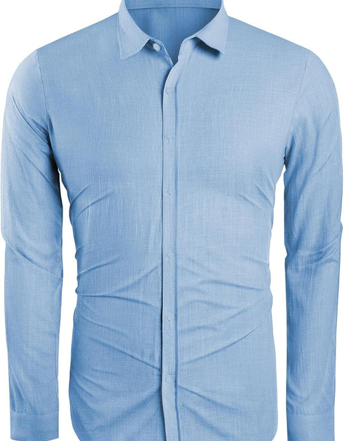 Load image into Gallery viewer, Mens Button down Shirt Linen Cotton Shirts Casual Long Sleeve Spread Collar Lightweight Beach Plain Tops
