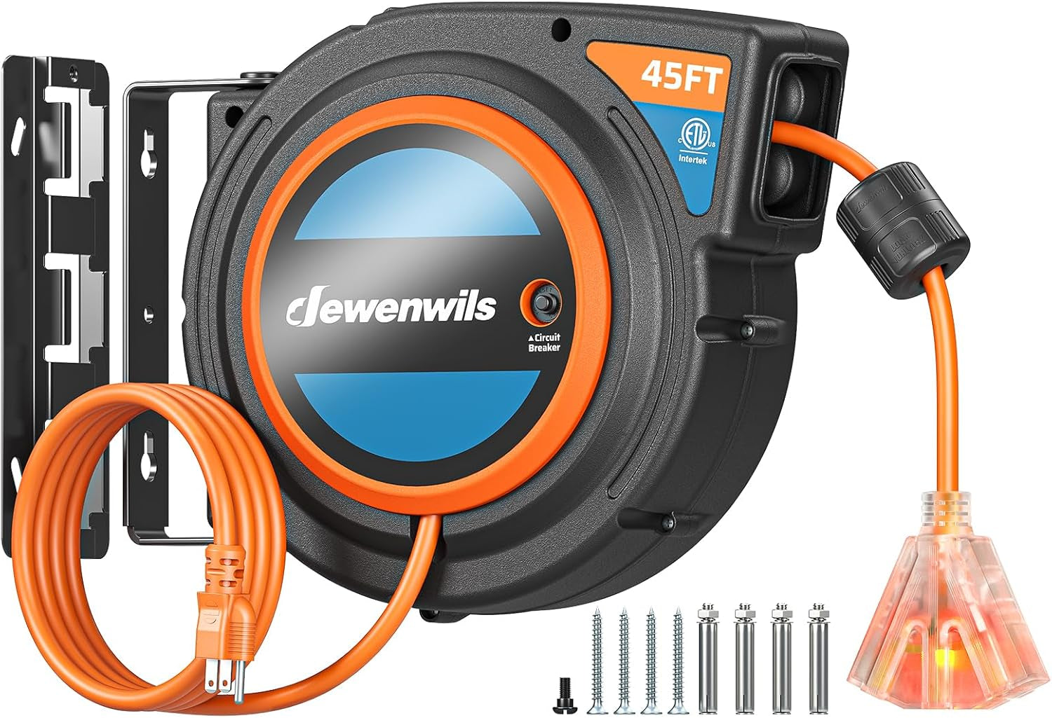 Retractable Extension Cord Reel, 40 FT Heavy Duty Power Cord, 12AWG/3C SJTOW, 3 Grounded Outlets Lighted Triple Tap, 15 Amp Circuit Breaker, UL Listed