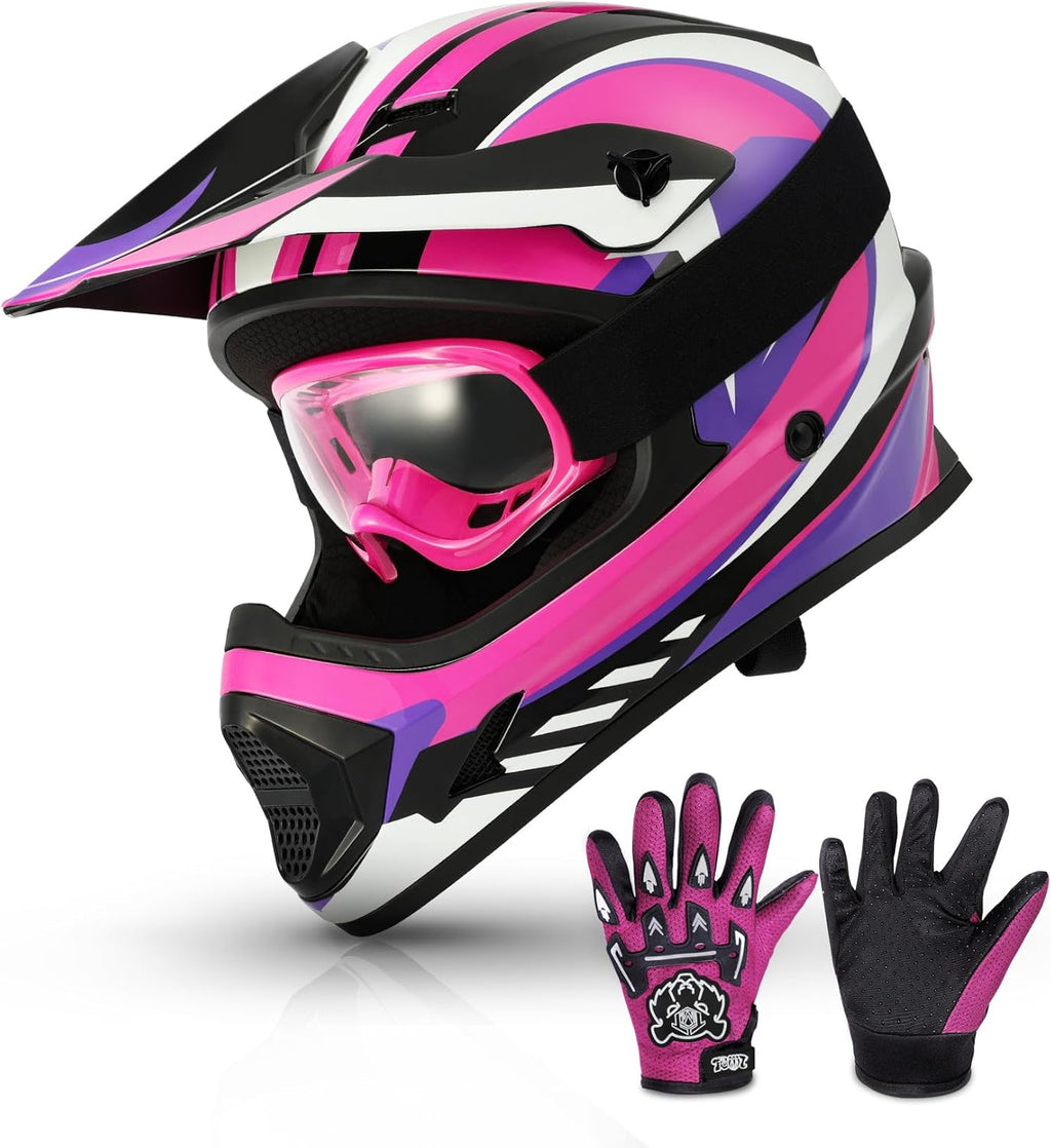 Dot Youth & Kids Motocross Offroad Street Helmet Full Face Motorcycle Youth ATV Helmet Dirt Bike Motocross ATV Helmet+Gloves+Goggles Rose Red-S