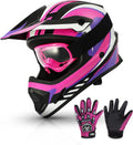 Dot Youth & Kids Motocross Offroad Street Helmet Full Face Motorcycle Youth ATV Helmet Dirt Bike Motocross ATV Helmet+Gloves+Goggles Rose Red-S
