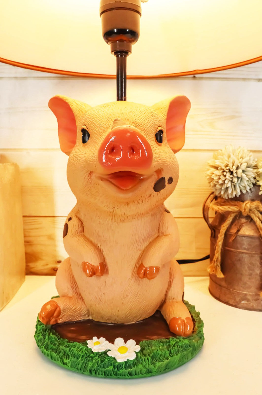 Rustic Farm Country Pink Piglet Desktop Table Lamp with Shade