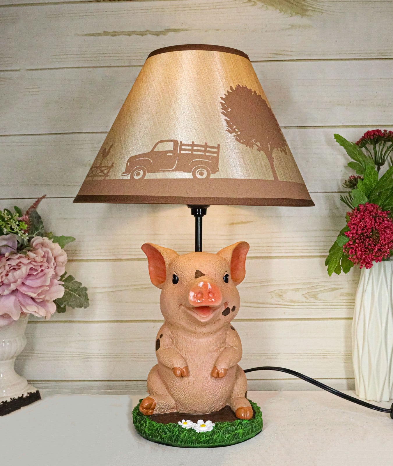 Rustic Farm Country Pink Piglet Desktop Table Lamp with Shade