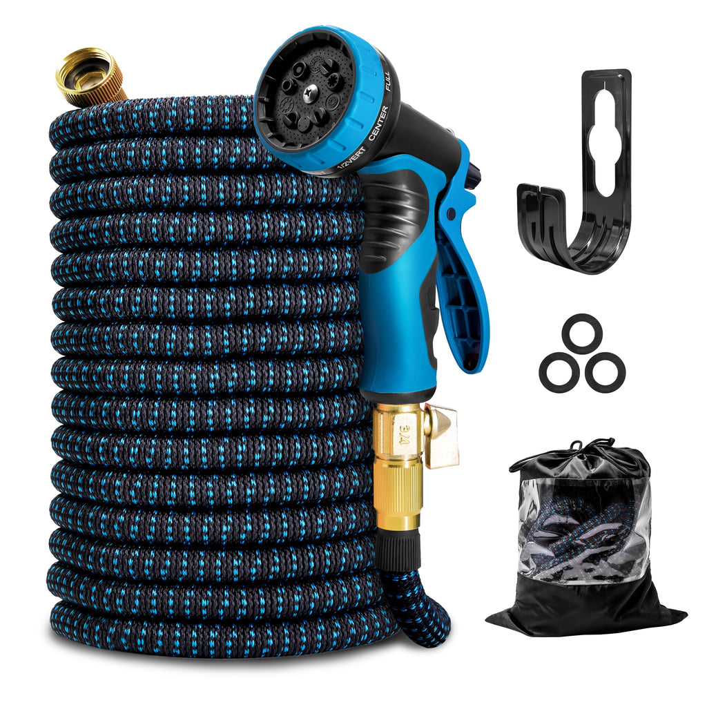 (4 Pack)  100 Ft Expandable Garden Hose, Water Hose for outside with 10 Spray Nozzles, Brass Connector, Leak-Proof, Blue