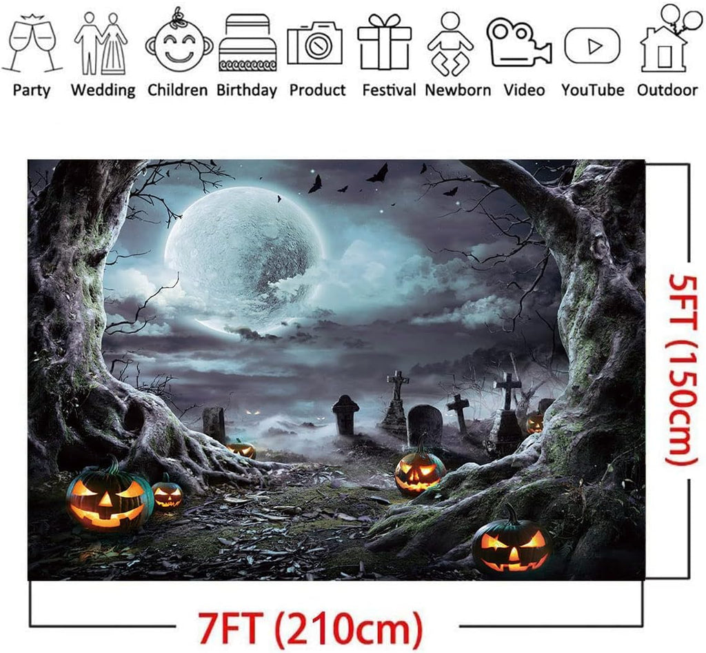 7X5Ft Halloween Photography Backdrop Horrible Graveyard Pumpkin Lantern and Full Moon Night Backdrop for Halloween Party Decoration Halloween Photoshoot Studio Props