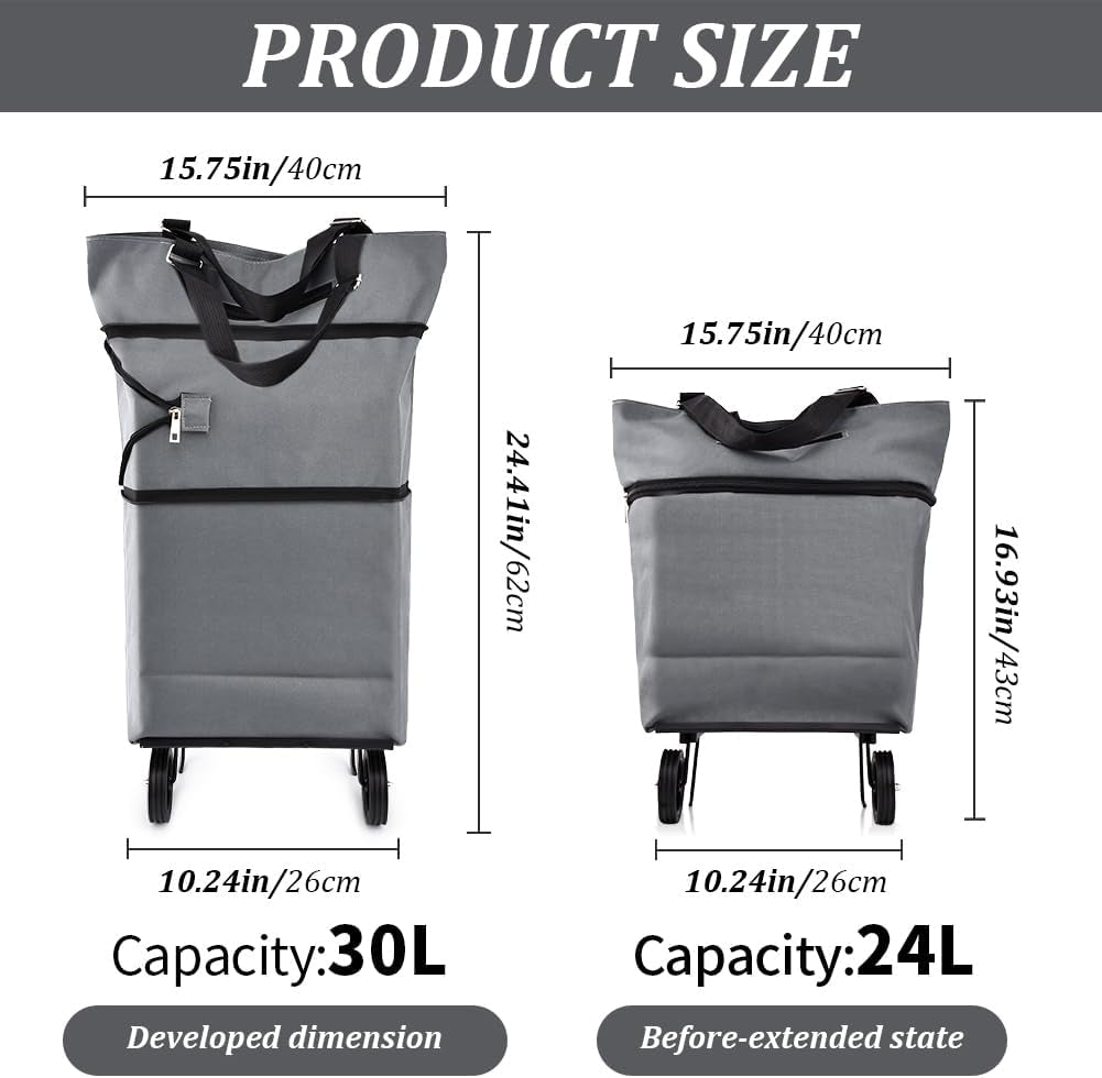Collapsible Shopping Cart with 360° Swivel Wheels, Portable Folding Trolle-Y Grocery Bag, Reusable Foldable Tote Grocery Cart Large Capacity Used for Travel and Home (Grey)
