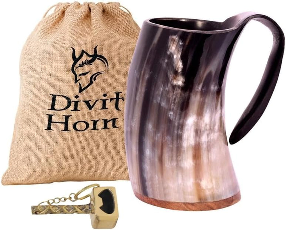 Genuine Viking Drinking Horn Mug | Authentic Medieval Beer Horn Tankard | 24Oz Capacity Horn Cup/Stein | Burlap Gift Sack Included. (Thor Mug & Brass Hammer Opener)