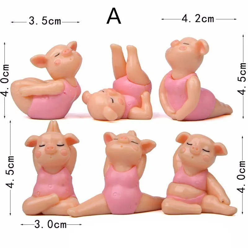 6 Pc Yoga Pig Lady Statue Mini Figurine 