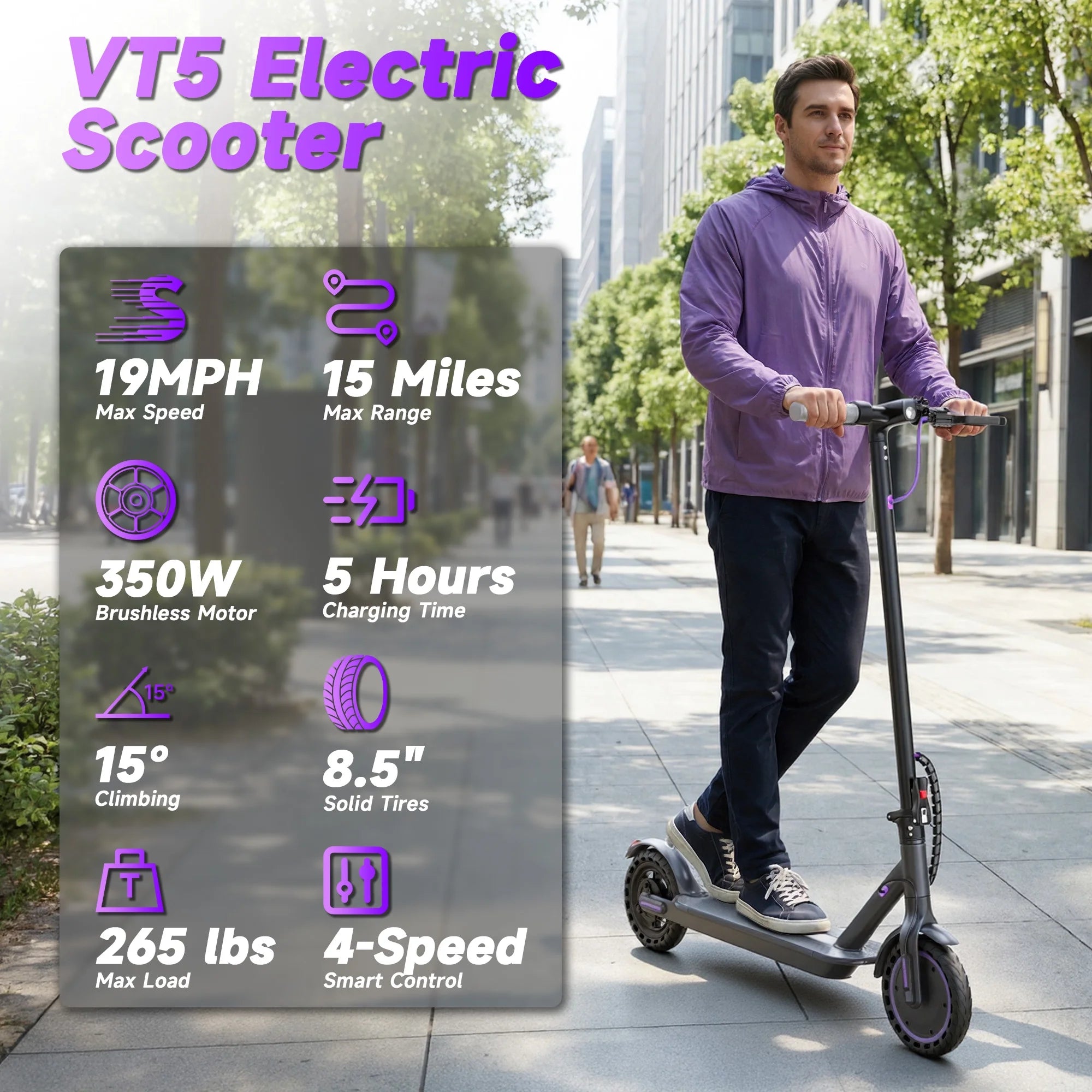 VV-5 Adult Folding Electric Scooter, 350W Motor 19MPH, 15 Miles Range, 8.5'' Solid Tire Commuter E Scooter with APP