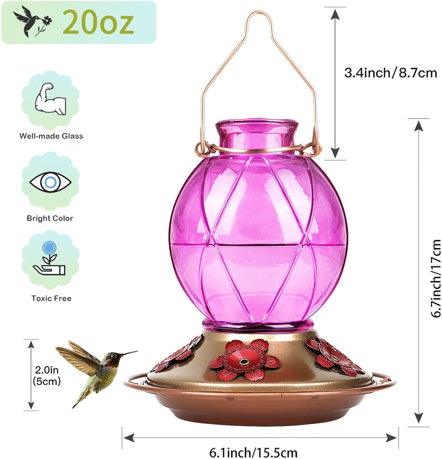 Hummingbird Feeder, Glass Hummingbird Feeder for Outdoors, Netted Texture Ball Shape Bottle, 20 Ounces, Lavender, Birthday Gifts for Women Men, Gifts for Mom Dad