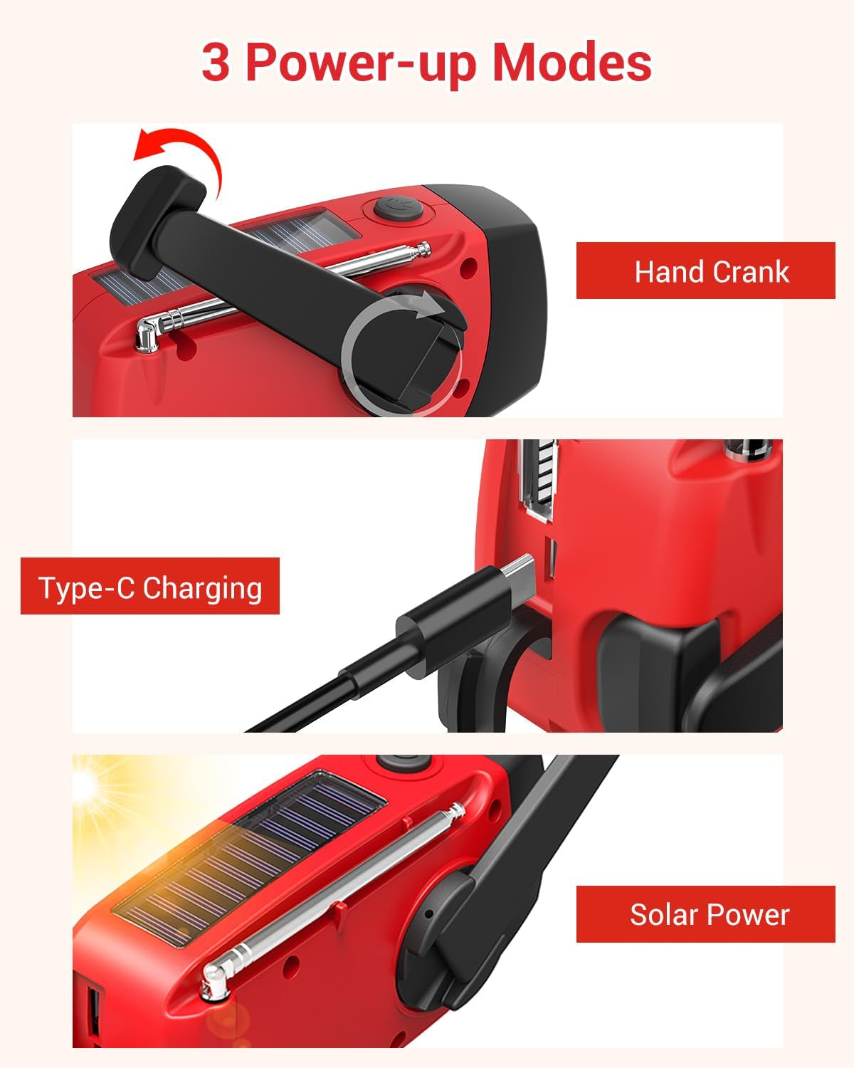 Emergency Hand Crank Radio 7400Mwh with 3 LED Flashlight, AM/FM/NOAA Portable Weather Radio with Rechargeable 2000Mah Battery, Solar Powered Radio for Indoor Outdoor Survival Camping, SOS Alarm