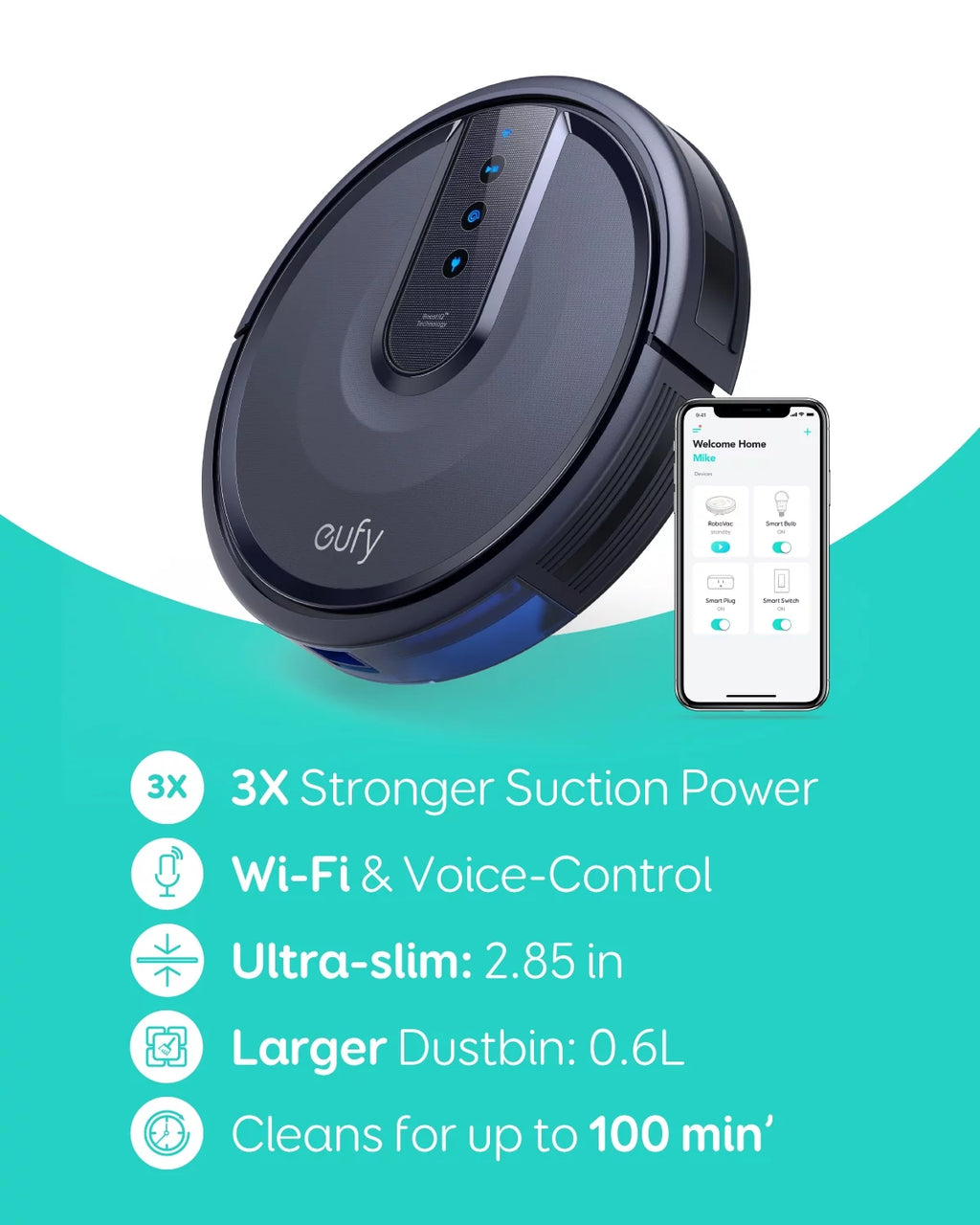 T21231, Robotic Floor Cleaners, Wi-Fi Compatible, Robovac 25C Wi-Fi Connected Robot Vacuum, 100 Minute Battery Life, 1 Each, Black, 1, 1, 1