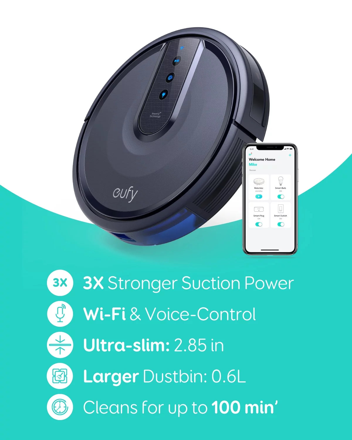 T21231, Robotic Floor Cleaners, Wi-Fi Compatible, Robovac 25C Wi-Fi Connected Robot Vacuum, 100 Minute Battery Life, 1 Each, Black, 1, 1, 1