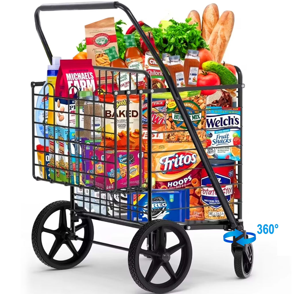 Foldable Shopping Cart, Folding Grocery Cart with Encrypted Mesh Bottom, 360° Swivel Wheels Lightweight Trolley for Halloween, Shopping, Grocery, Laundry, Luggage, Supermarket, Camping, Beach