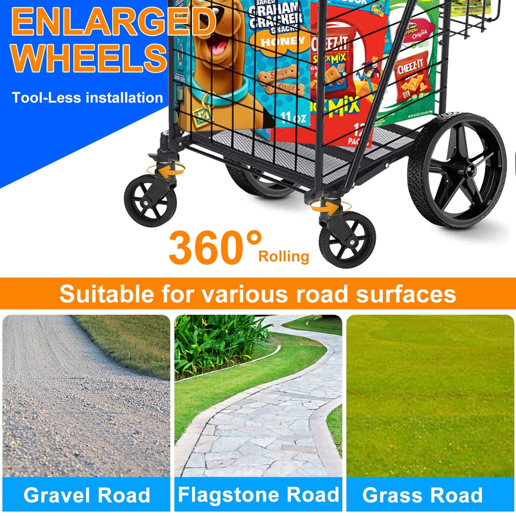 Foldable Shopping Cart, Folding Grocery Cart with Encrypted Mesh Bottom, 360° Swivel Wheels Lightweight Trolley for Halloween, Shopping, Grocery, Laundry, Luggage, Supermarket, Camping, Beach