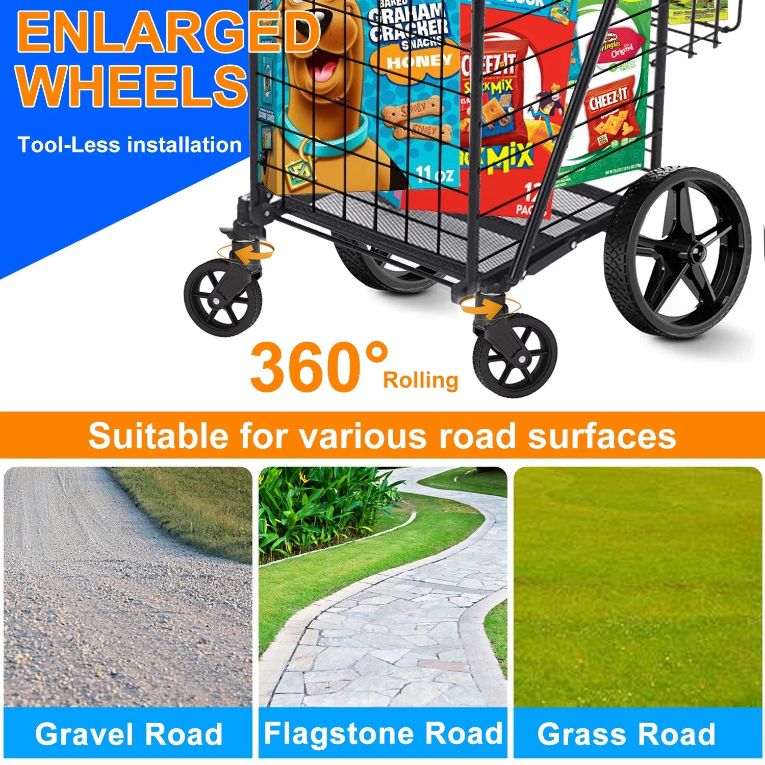 Foldable Shopping Cart, Folding Grocery Cart with Encrypted Mesh Bottom, 360° Swivel Wheels Lightweight Trolley for Halloween, Shopping, Grocery, Laundry, Luggage, Supermarket, Camping, Beach