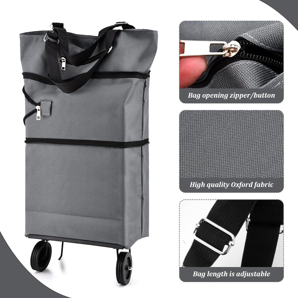 Collapsible Shopping Cart with 360° Swivel Wheels, Portable Folding Trolle-Y Grocery Bag, Reusable Foldable Tote Grocery Cart Large Capacity Used for Travel and Home (Grey)