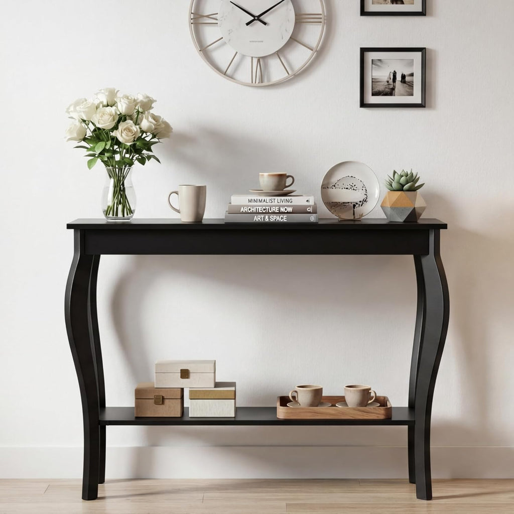 Narrow Console Table, Chic Accent Sofa Table, Entryway Table, 39.3 Inch, Black | Console Table with Curved Legs, Chic Accent Sofa Table with Shelves for Entryway, Living Room, Hallway