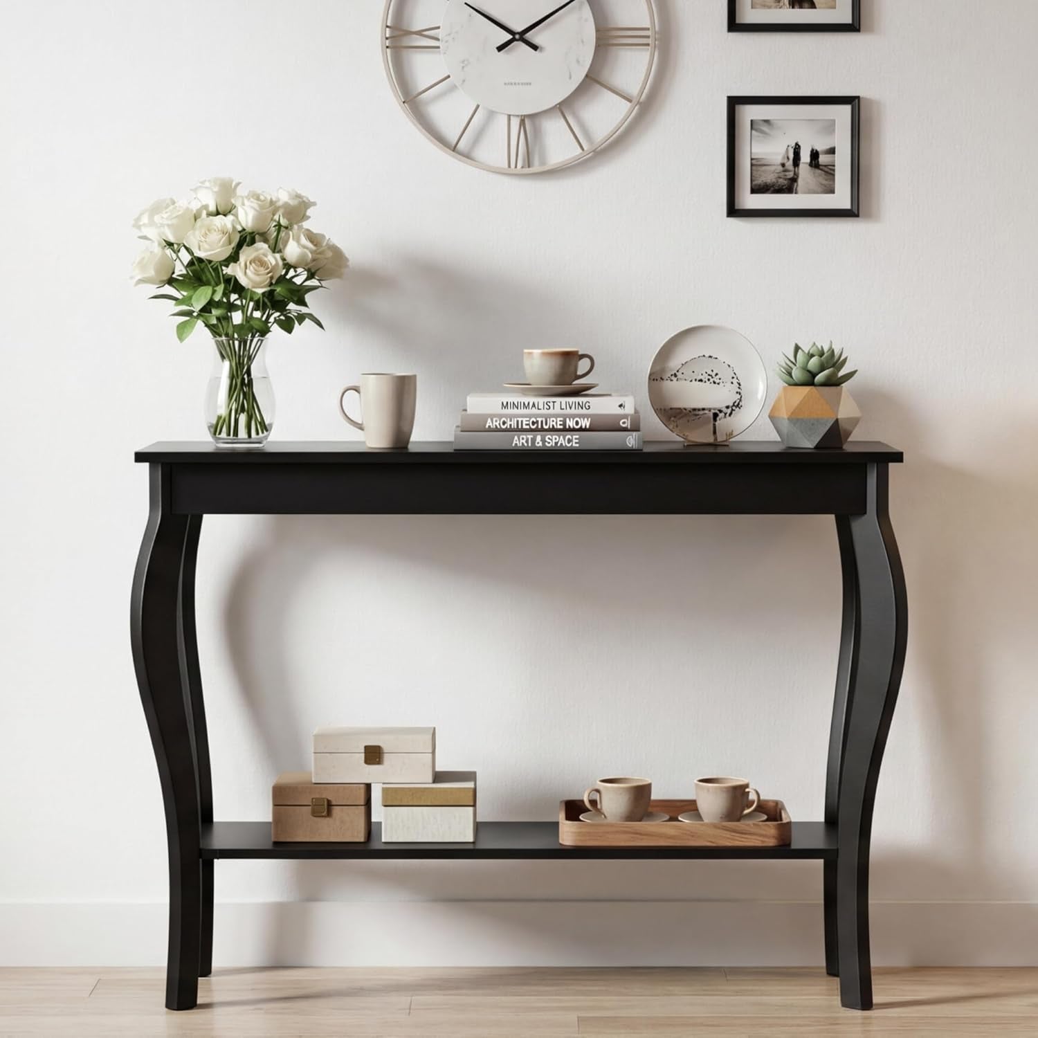 Narrow Console Table, Chic Accent Sofa Table, Entryway Table, 39.3 Inch, Black | Console Table with Curved Legs, Chic Accent Sofa Table with Shelves for Entryway, Living Room, Hallway